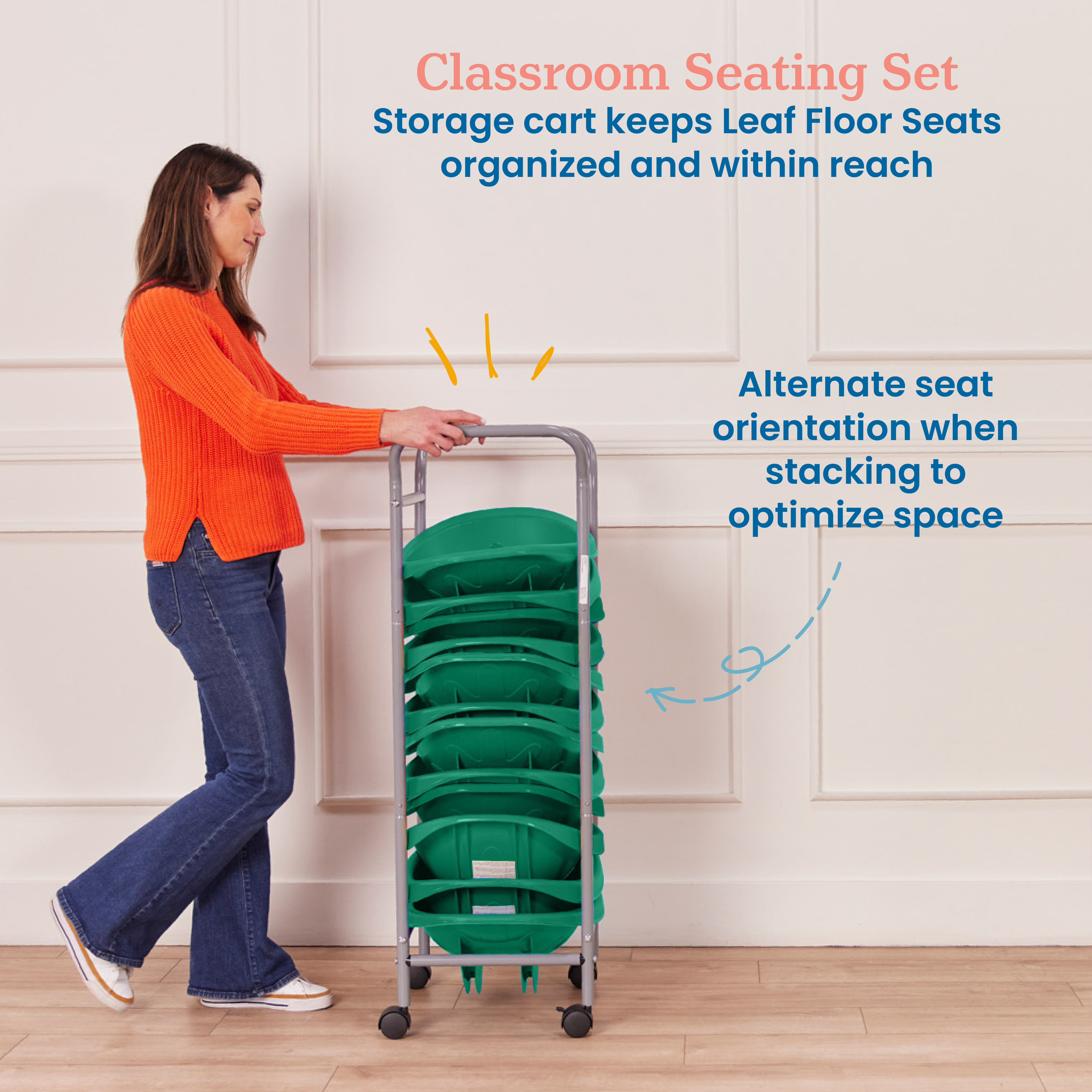 ECR4Kids Leaf Floor Seats with Mobile Leaf Seat Cart, Flexible Seating, Emerald, 12-Piece