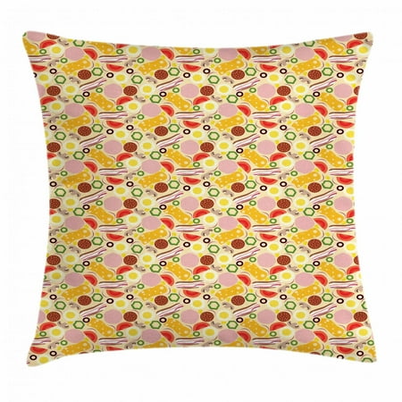 Peppers Abstract Square Graphic - Bacon Throw Pillow Cushion Cover, Close Up Graphic Image of Pizza Toppings Theme with Mushroom Sausage Tomato Pepper, Decorative Square Accent Pillow Case, 18 X 18 Inches, Multicolor, by Ambesonne