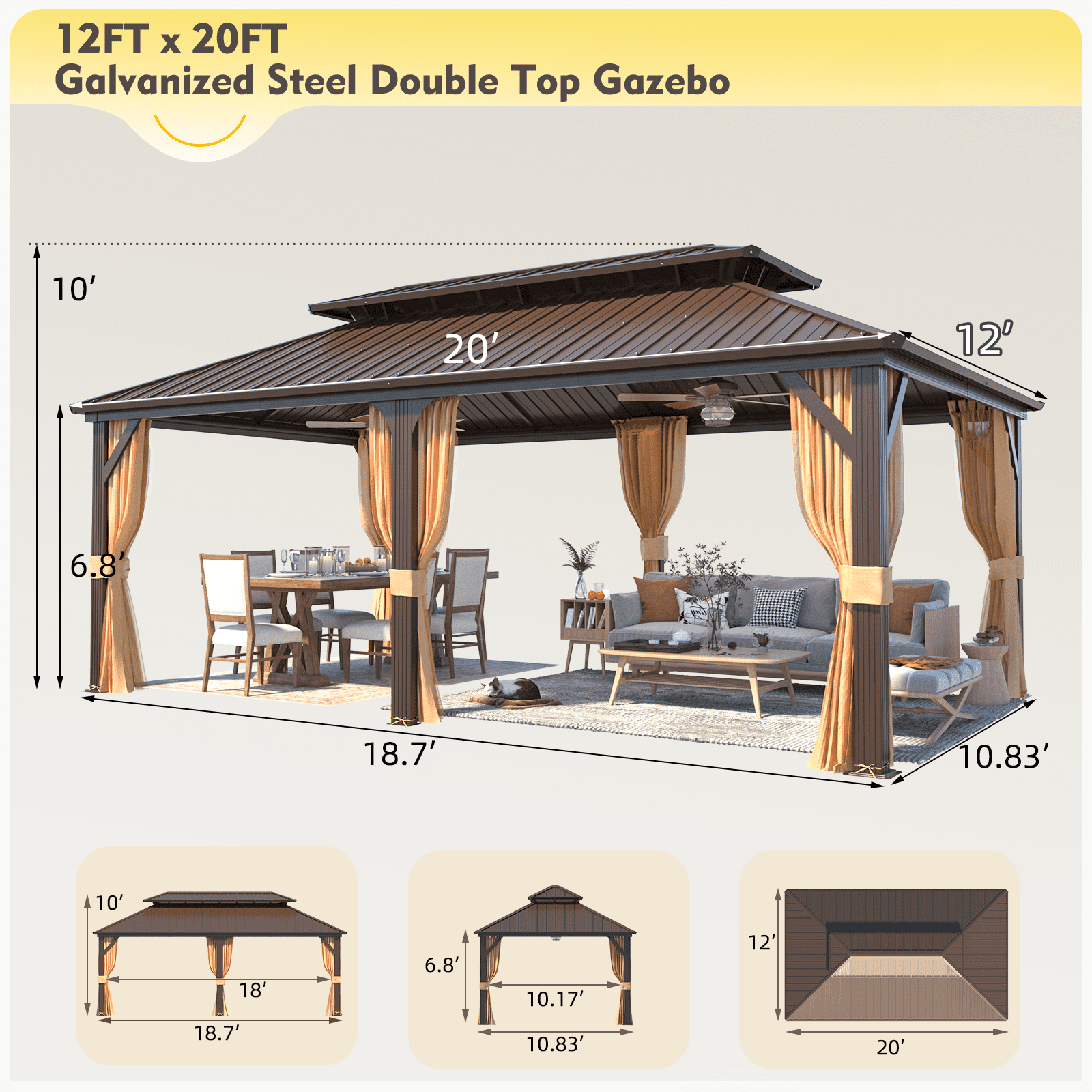 Hommow 12' x 20' Hardtop Gazebo Aluminum Frame Gazebo with Galvanized Steel Double Roof