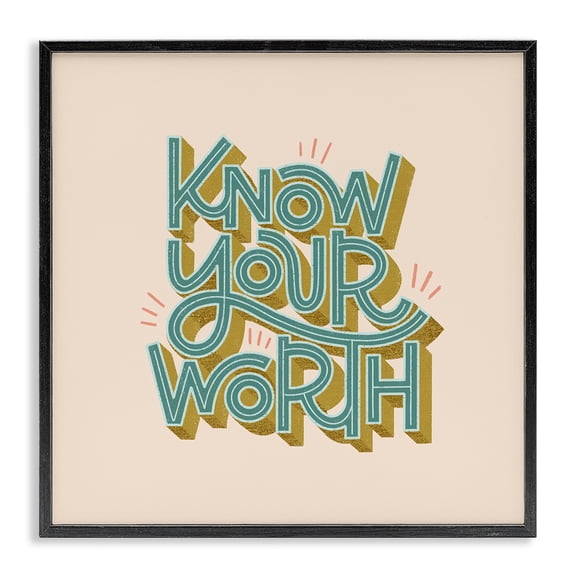 Stupell Industries Know Your Worth Green on Beige Quotes and Sayings Painting Black Framed Art Print Wall Art, 12 x 12