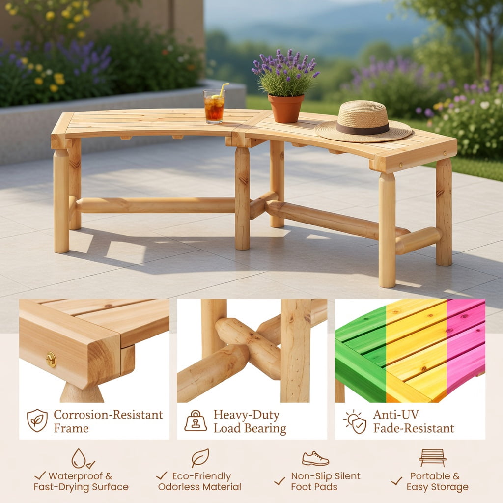 Hommoo Outdoor Curved Wooden Patio Bench, Solid Pine and Fir Fire Pit Loveseat for Backyard, Garden, Poolside, Natural
