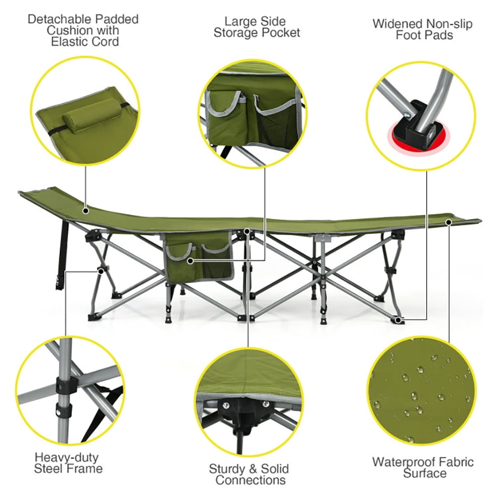 Aimee Lii Folding Camping Cot with Side Storage Pocket Detachable Headrest, Folding Sleeping Cot for Camping, Green