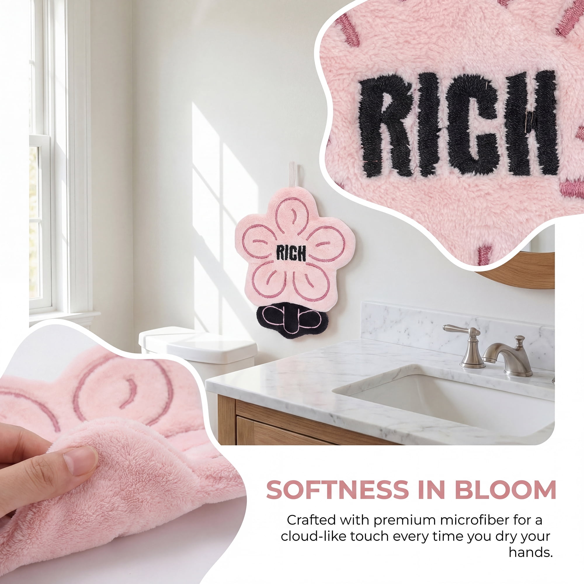Unique Bargains Flower-Shaped Hanging Hand Towels Pink 1pc