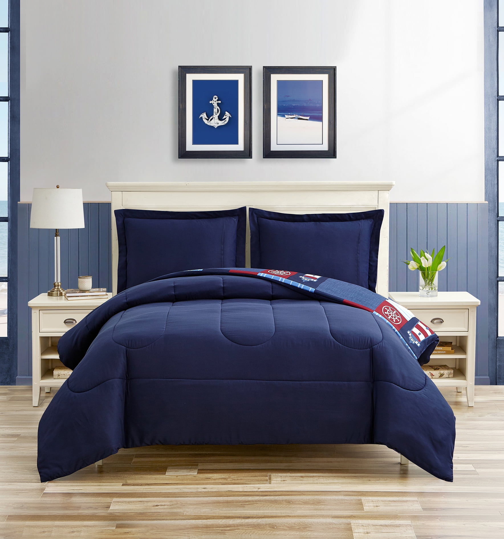 HOME RETREAT Nautical Patch Blue Ultra Soft Microfiber 3 Piece Comforter Bedding Set - King