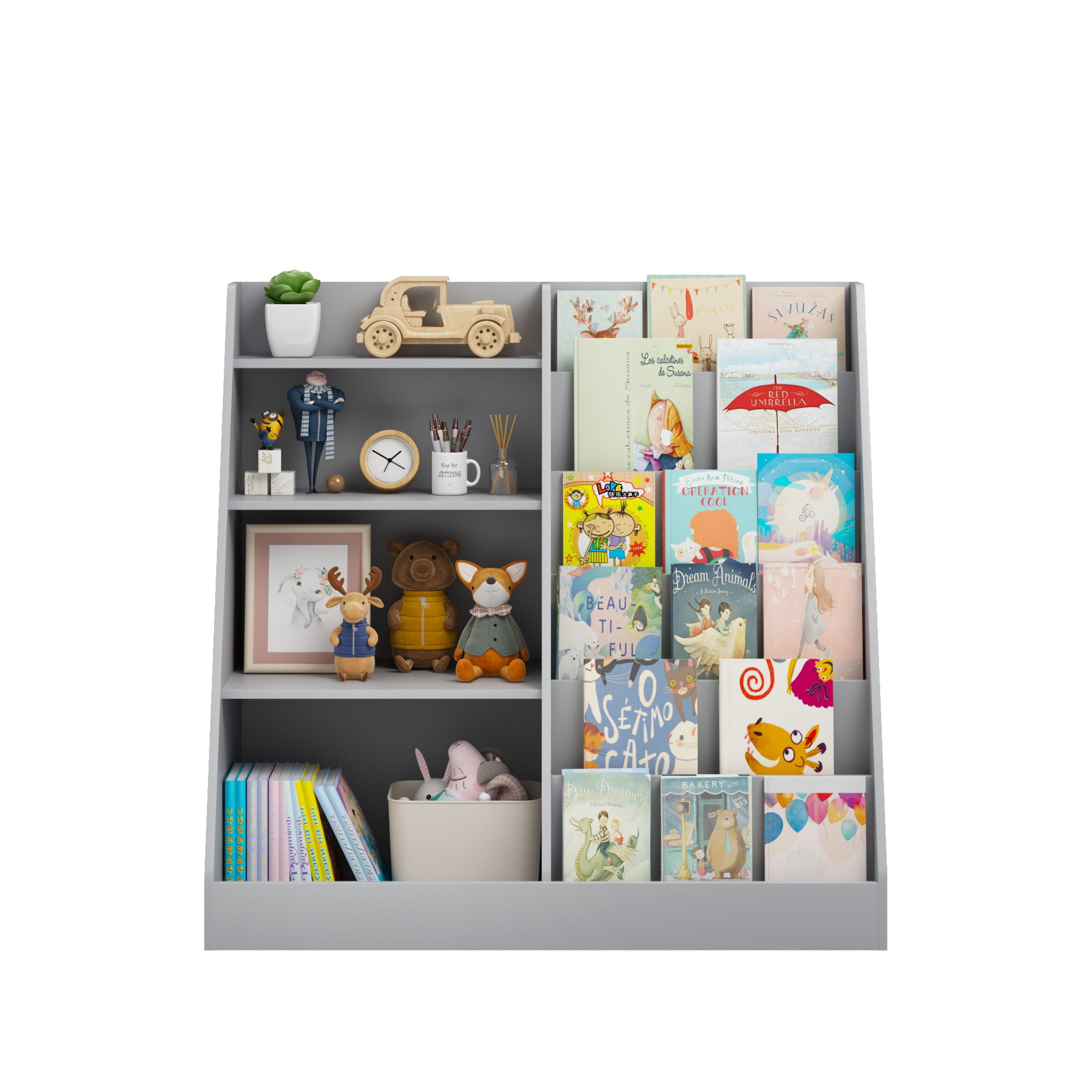 Noble House Kids Bookshelf and Toy Storage Organizer, 4-Tier Wooden Bookcase for Nursery, Playroom, Gray