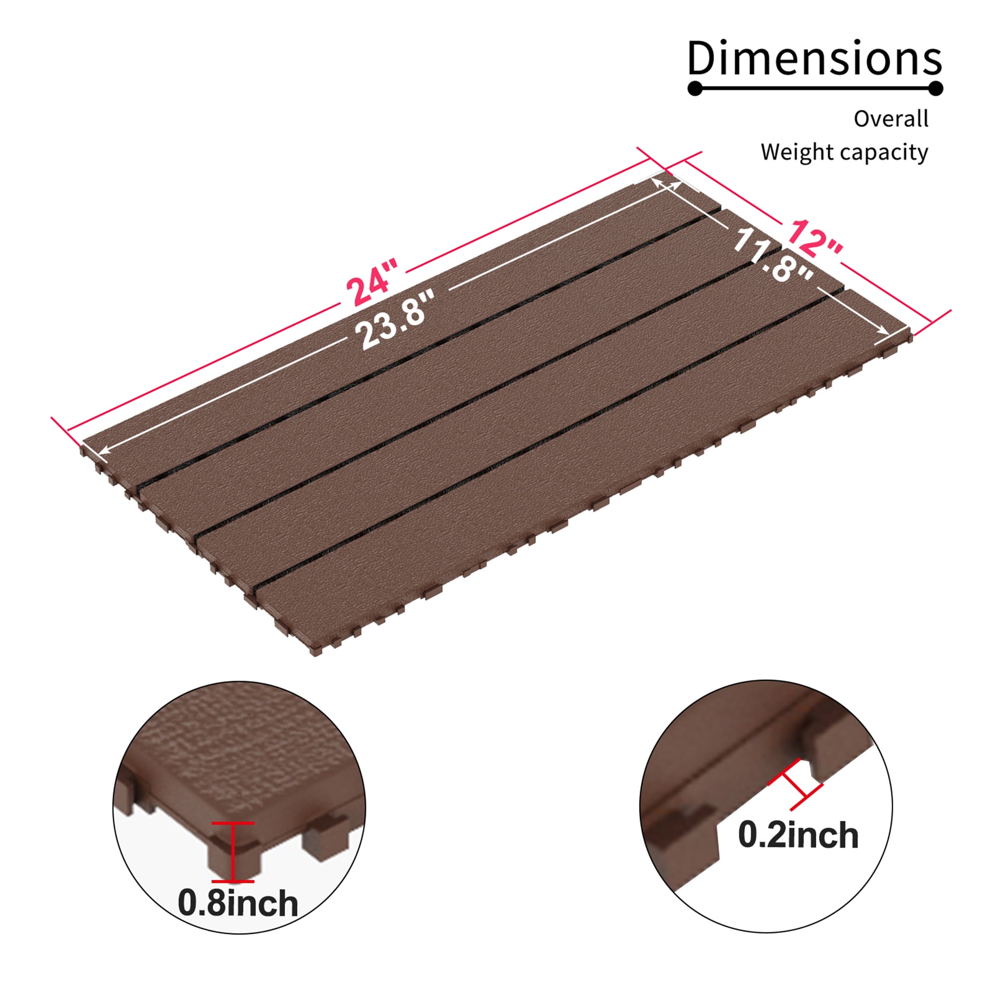 Miniyam 24 Pcs Interlocking Deck Tiles, 2FT, Polypropylene, for Outdoor Balcony Garden, Brown