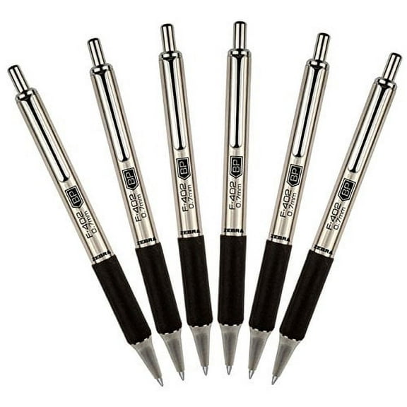 6 Pens Zebra F-402 Stainless Steel Retractable Ballpoint Pen, 0.7mm, Black, (29210)