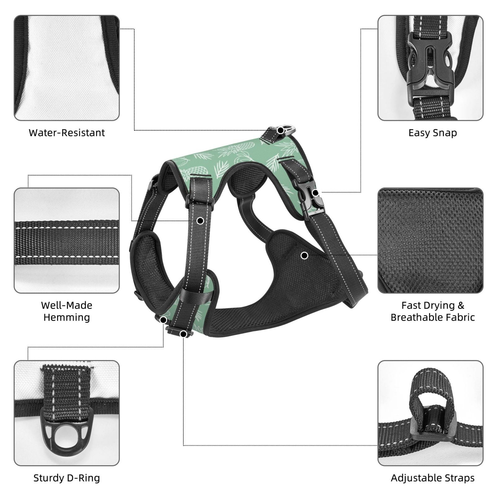 Kdxio Tropical Pineapple Print No Pull Dog Harness Adjustable Reflective Oxford Easy Control Medium Large Dog Harness for Training and Everyday-Small