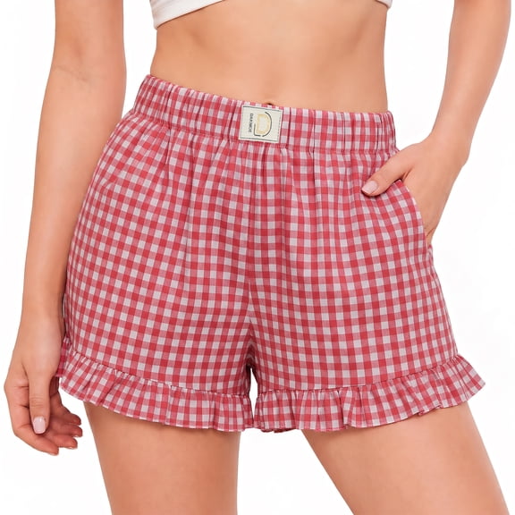 Dakimoe Women's Pajama Shorts with Ruffle Hem, Gingham Plaid Boxer Sleep Shorts & Lounge Shorts