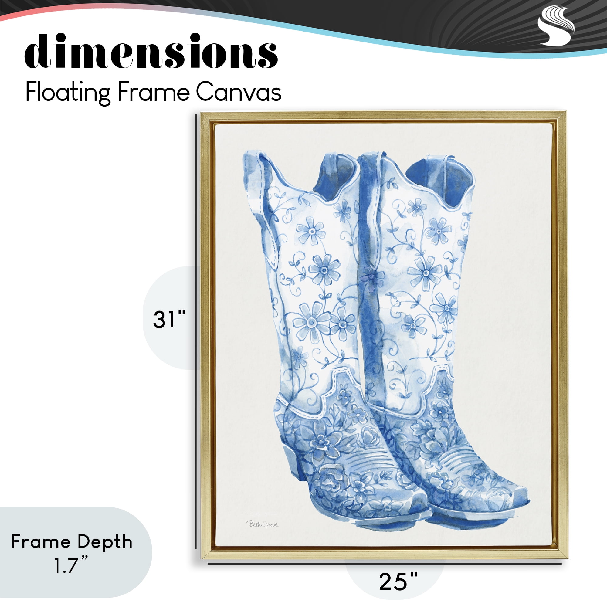 Stupell Industries Blue Boots with Floral Embroidery Gold Framed Floater Canvas Wall Art, design by Beth Grove