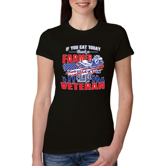 Thank a Farmer Thank a Veteran Eat In Peace Female Slim Fit Junior Tee, Black, Small