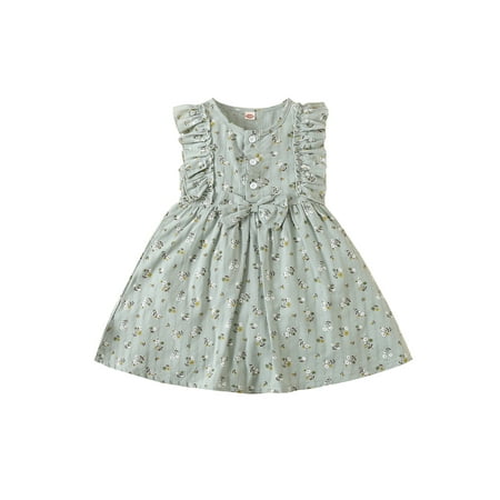 

wsevypo Kids Baby Girls Summer Dress Floral Print Ruffle Midi Dress Round Neck Button Dress One Piece Mini Skirt