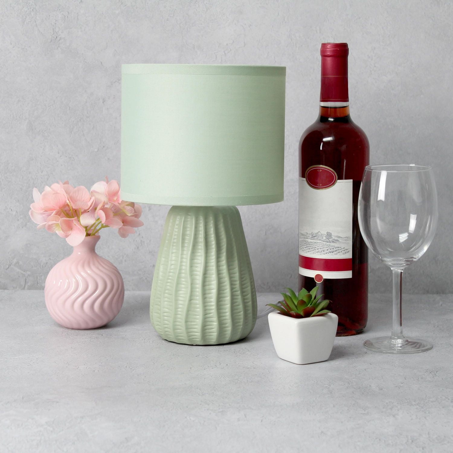 Simple Designs 11.02" Traditional Mini Modern Ceramic Texture Pastel Accent Bedside Table Desk Lamp with Matching Fabric Shade for Bedroom, Nightstand, Living Room, Entryway