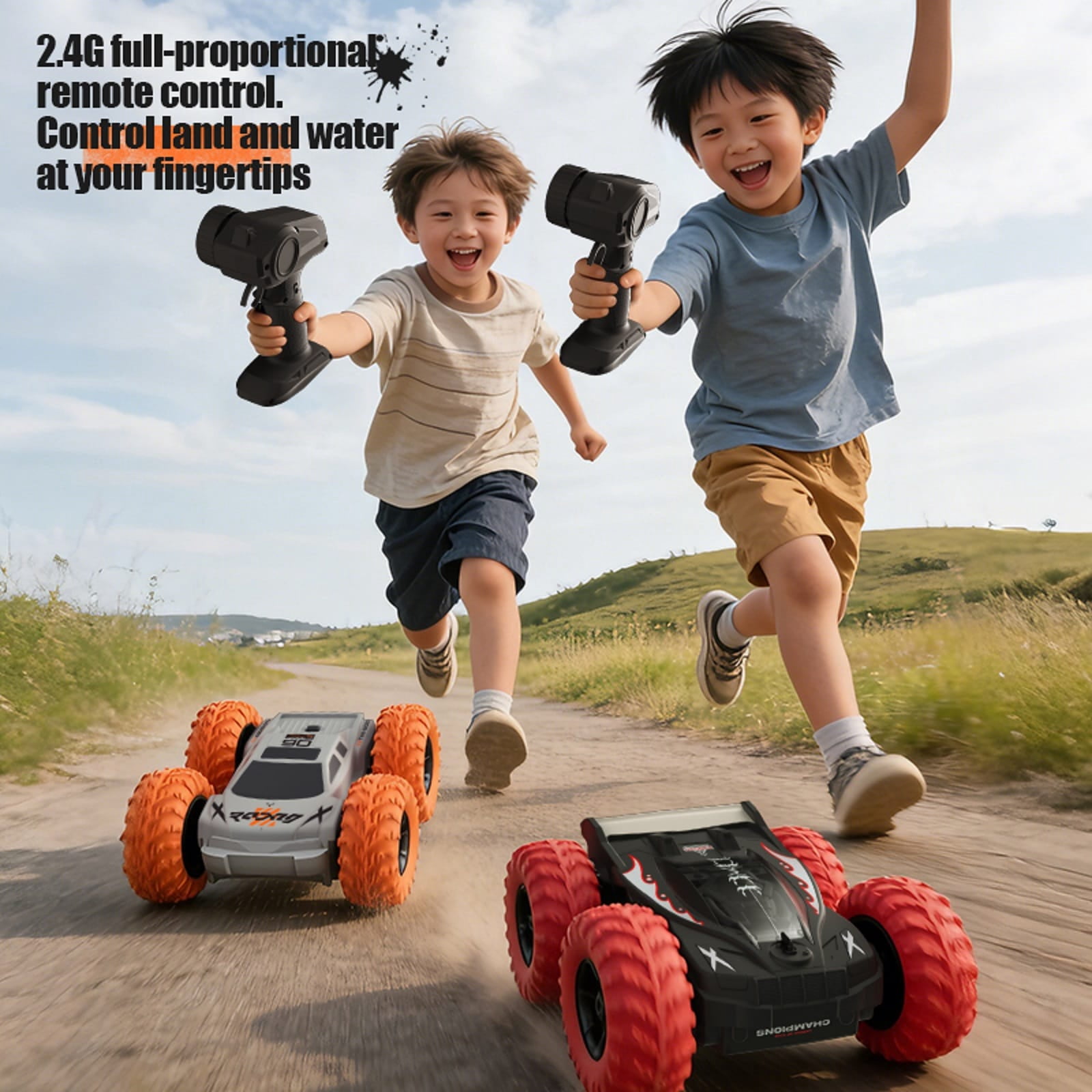 2.4G Amphibious RC Stunt Car, Rechargeable Double-Sided Water Land Remote Control Vehicle with 360 Flip, All Terrain