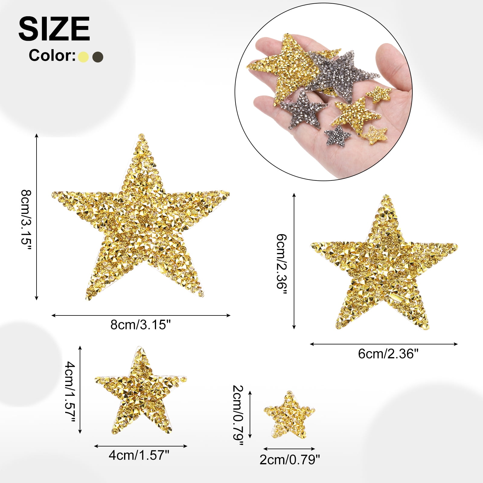 Uxcell 60Pcs Iron on Star Patches Rhinestone, Appliques Adhesive Glitter Embellishments Patches Mixed Size for Clothing Jeans DIY Repair (Gold Silver)