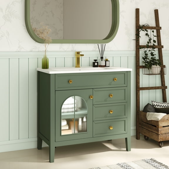 35.6" Mid-Century Bathroom Vanity Sink, Farmhouse Freestanding Bathroom Vanity Sink with Patterned Glass & Motion-sensor Light Strip, High-end Restroom Vanity Storage Cabinet, Green