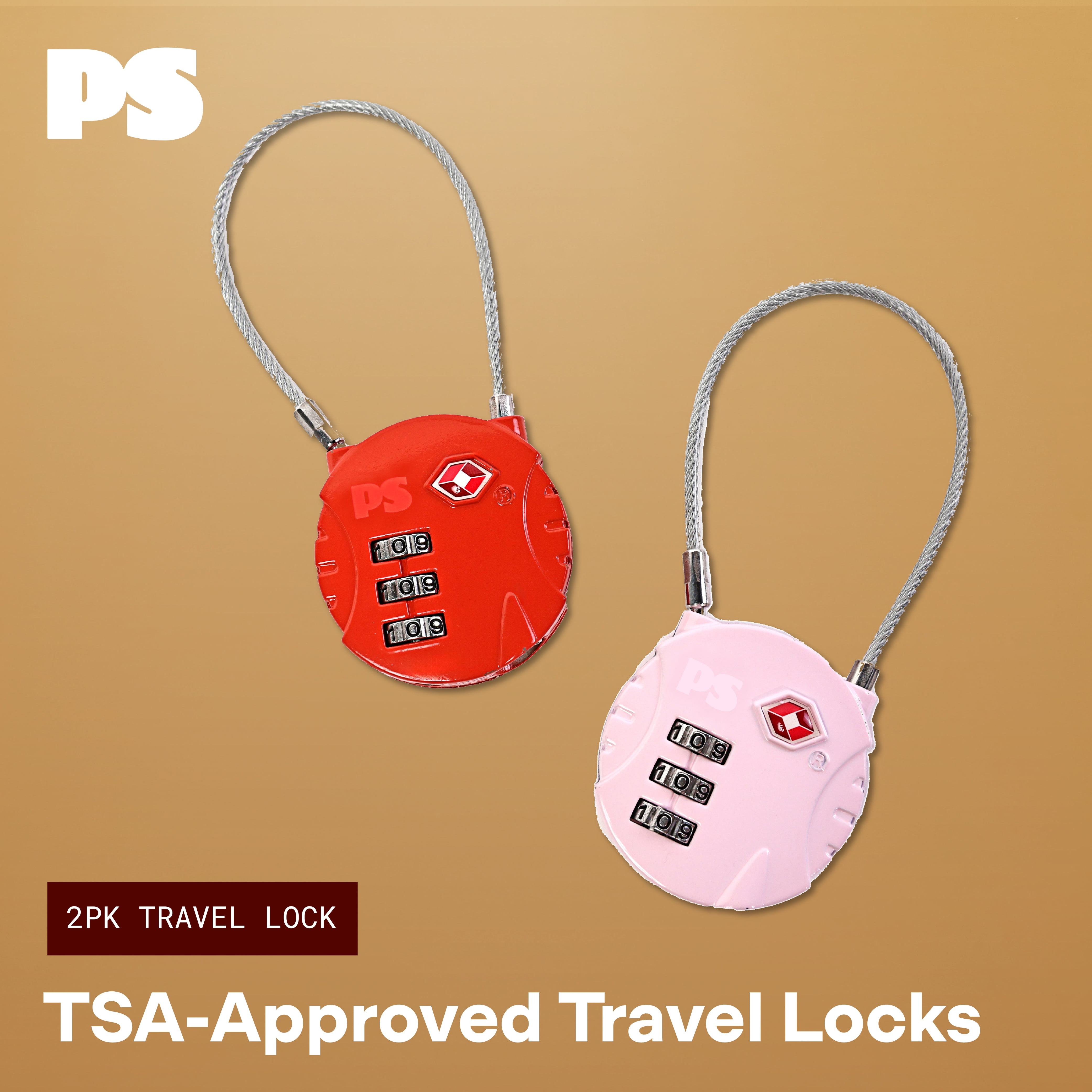 Popsugar TSA Locks for Luggage - 2 Pack Keyless Cable Lock 3 Digit