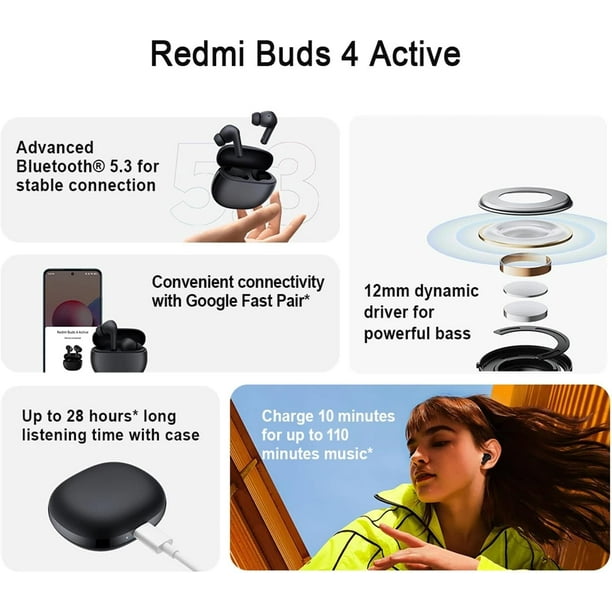 X Redmi Buds 4 Active TWS Wireless Earbuds, Bluetooth 5.3 Low-Latency Game  Headset with AI Call Noise Cancelling, IP54 Waterproof, 30H Playtime,  Lightweight Comfort Fit Headphones, Black 