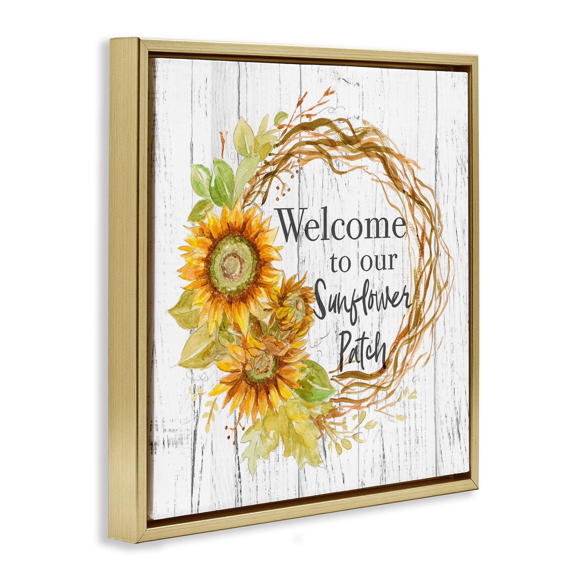 Stupell Industries Welcome Rustic Floral Wreath Botanical & Floral Painting Gold Floater Framed Canvas Art Print Wall Art, 25 x 25