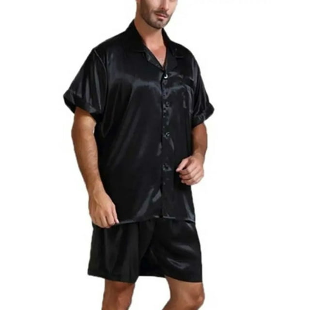 Men Pajamas Sets Sleepwear Loungewear Satin Silk Short Sleeve Button ...