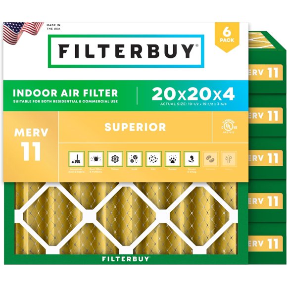 Filterbuy 20x20x4 MERV 11 (MPR 1200) Allergen Defense, Pleated HVAC AC Furnace Air Filters (6-Pack)
