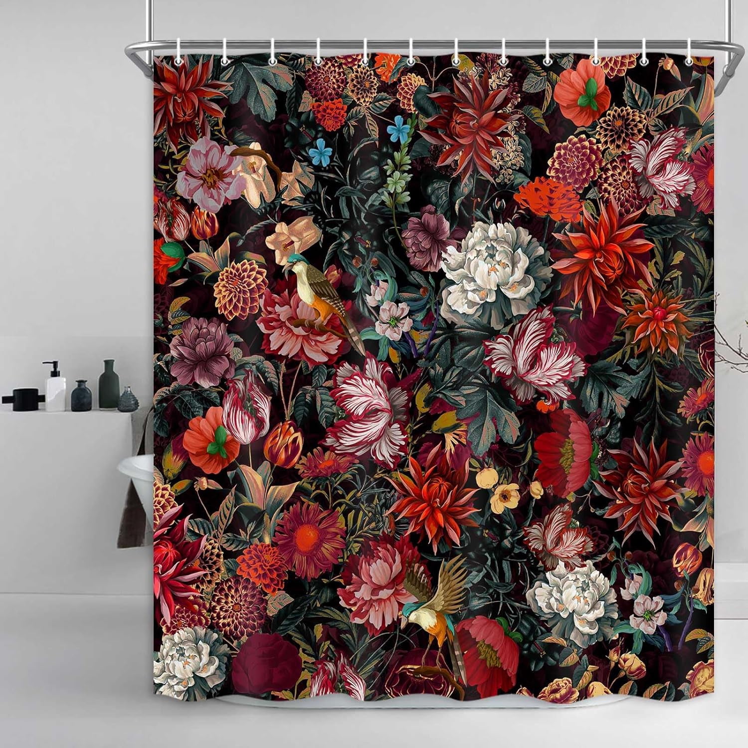 Floral Shower Curtain, Vintage Floral Shower Curtain Set Red Flower Plants Bathroom Curtain, Black Floral Boho Shower Curtain with Hooks for Bathroom Decor 47X64 Inch