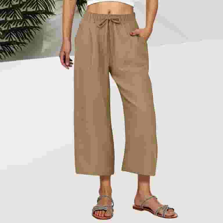 Pants For Women Solid Color Wide Leg Cropped Pants Elastic Waist