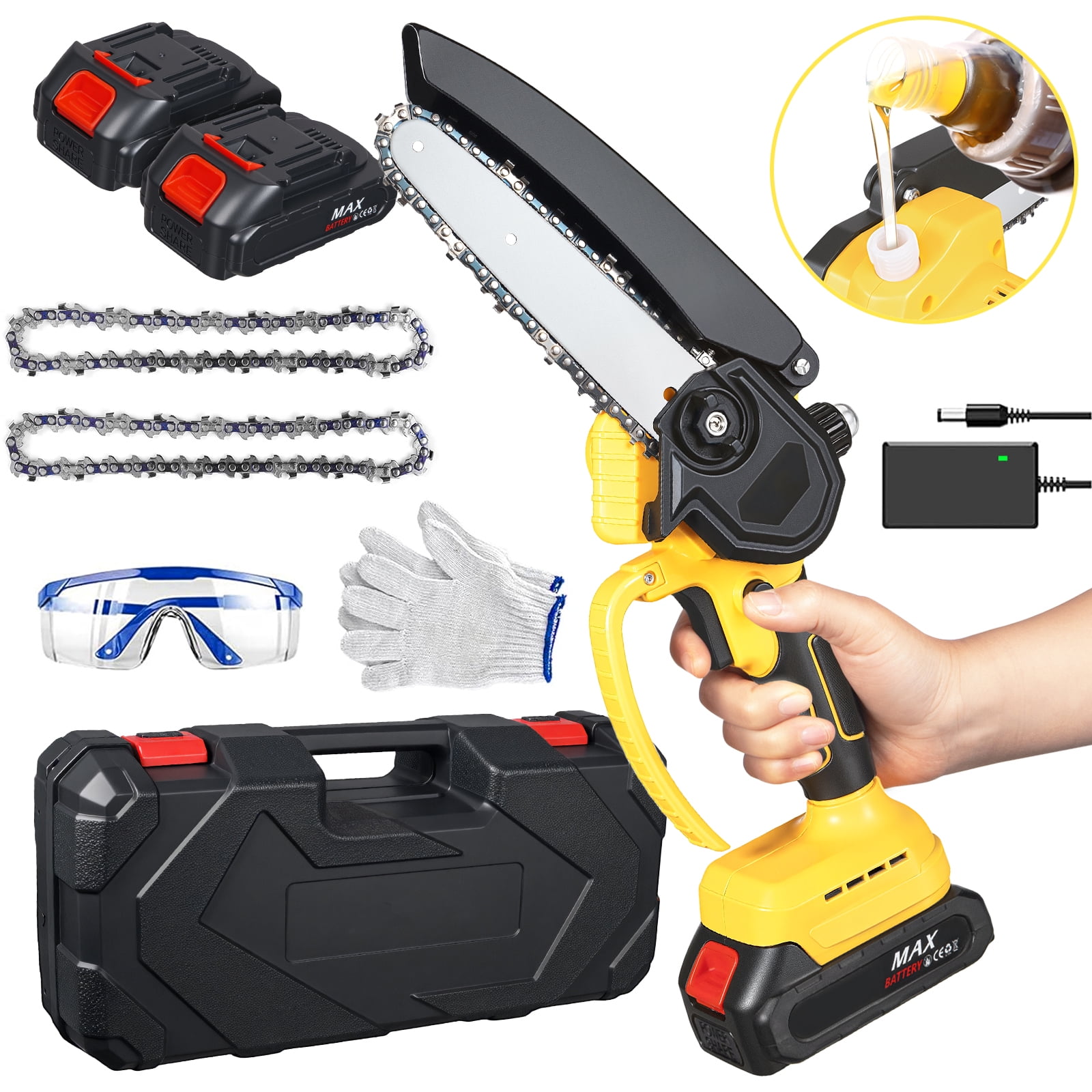 Paddsun Mini Chainsaw, 6 Inch 21V Cordless Electric Chainsaw Portable Handheld with 2 Batteries 2 Chains