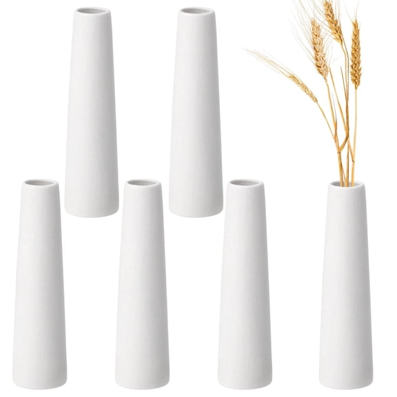 6 Pcs White Ceramic Vase Set, 7.1 Inch Tall Conic Floral Vases, Unglazed Modern Bud Vases Bulk, Minimalist Centerpieces for Living Room, Dining Table, Wedding & Home Decor