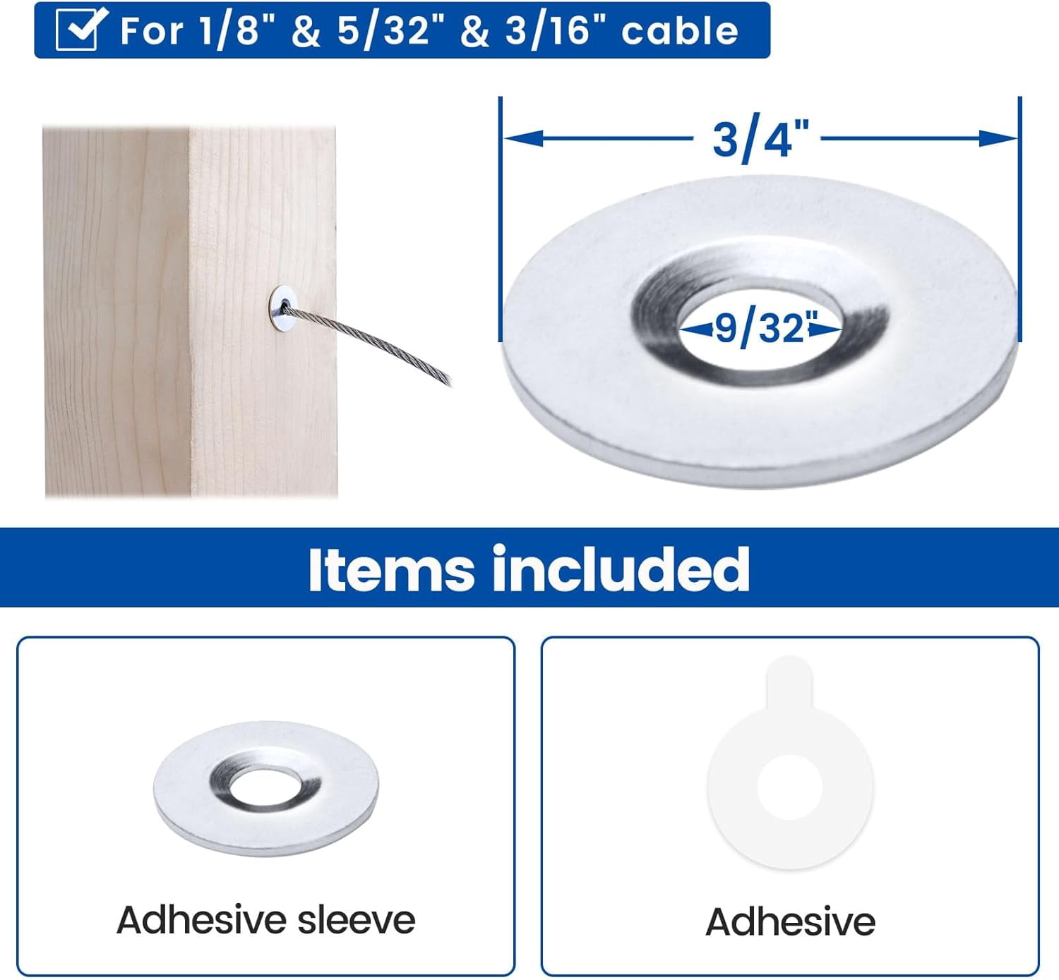 20 Pack Cable Railing Adhesive Sleeves T316 Stainless Steel Adhesive Grommet Protector Sleeves for 1/8" 5/32" 3/16" Wire Rope Cable Railing Hardware Kit Wood Metal Posts CR91