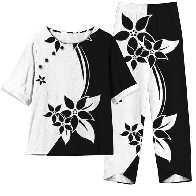 Mikilon Ensemble Élégant pour Femmes 2 Pcs Imprimé Manches 5/10 Col Rond + Pantalon Décontracté Ensemble Chic et Confortable Manches Courtes Col Rond Blanc 2TG
