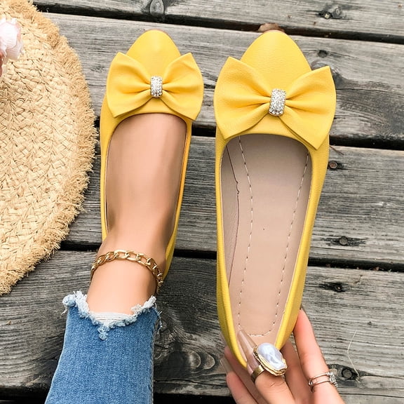 CQONEPT Women's Ballet Flats Pointed Toe Glittery Dressy Shoes Soft Walking Slip Ons Memory Foam Dressy Work Office Shoes Yellow 37