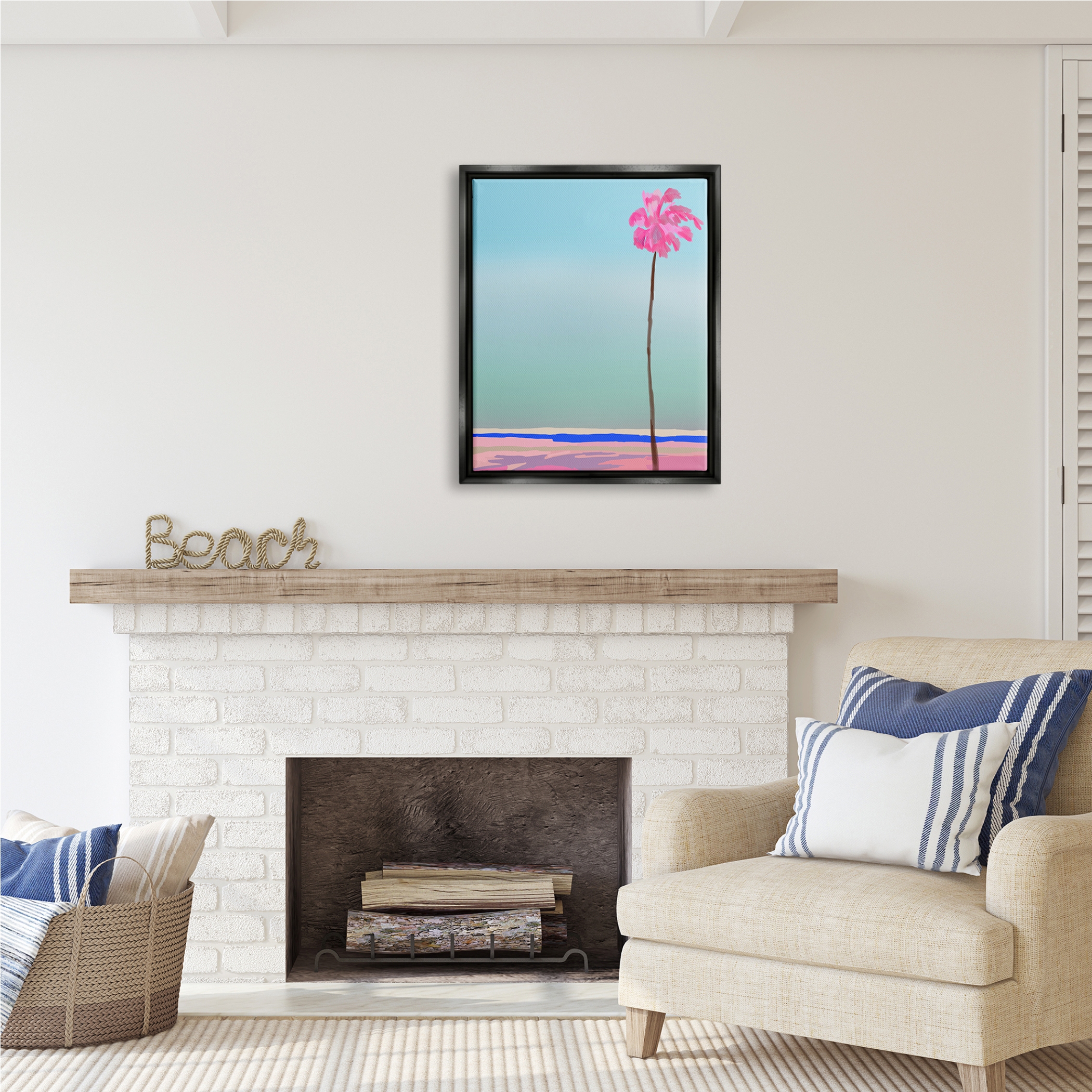 Stupell Industries Pink & Blue Beach Palm Nature Painting Black Floater Framed Art Print Wall Art, 25 x 31