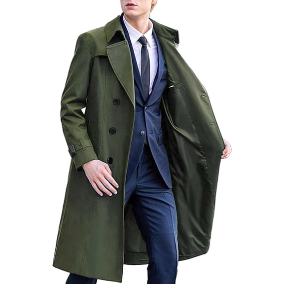 LYSMORA 2026 Men's Notch Lapel Double Breasted Long Trench Coat, Belt Cuff Regular Fit Windproof Business Formal Outer Overcoat