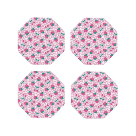 

Fuzoiu Cherry Strawberry Print Leather Coasters Set Drink Coasters Set of 4 for Tabletop Protection Durable PVC Coasters Home Décor and Housewarming Gift-Octagon