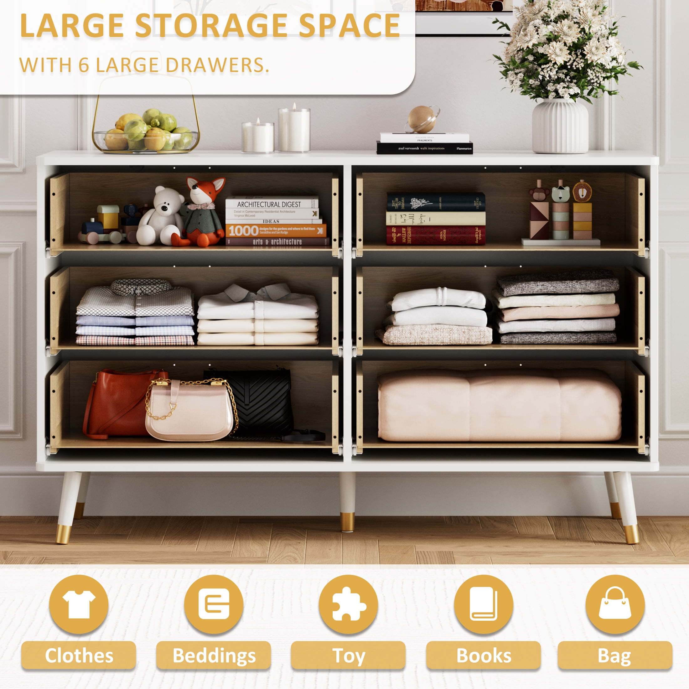 YouTrend 6 Drawer Dresser with Metal Handles Modern Fluted Wood Dresser Adult Storage Chest of Drawers for Bedroom Living Room Hallway,White