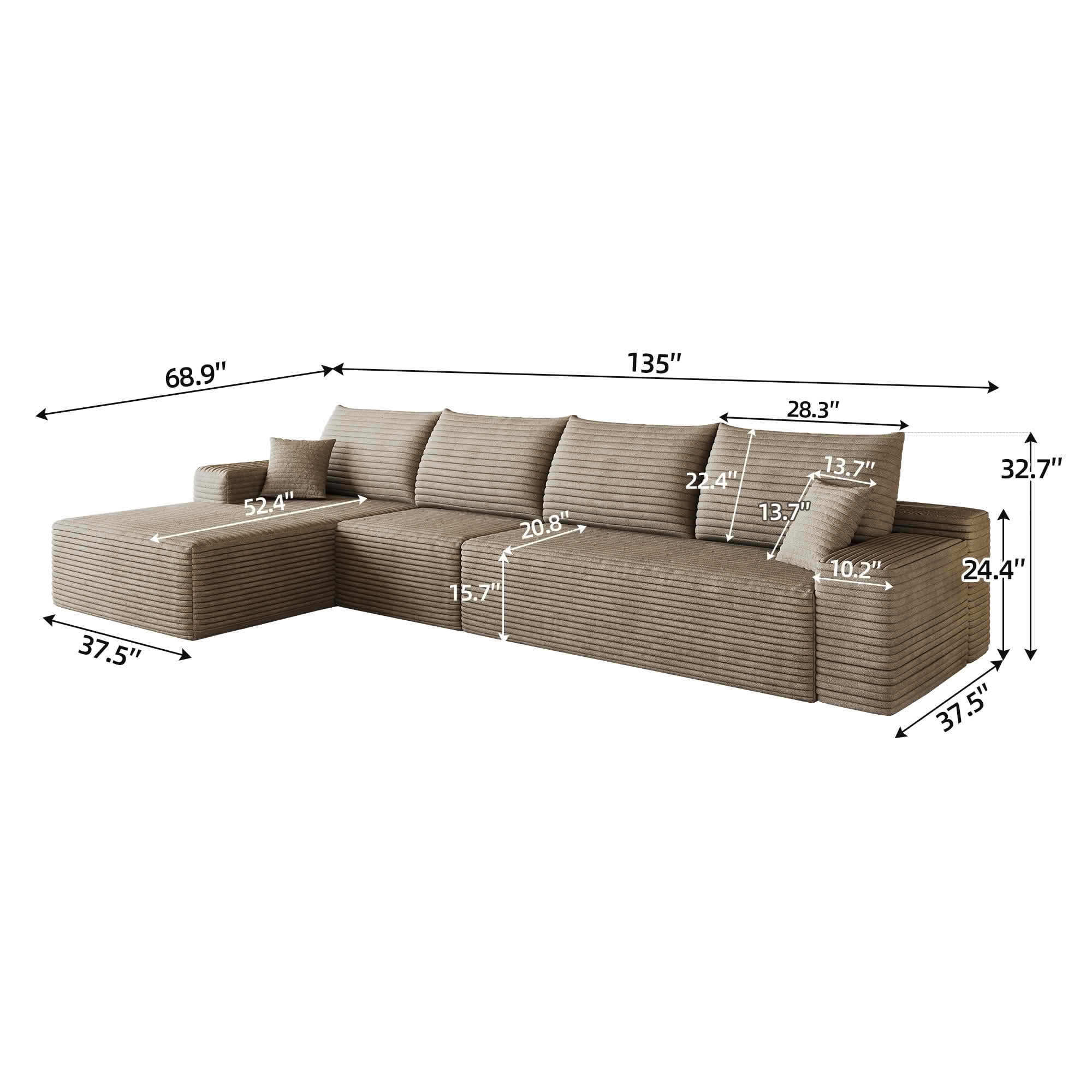 MAYEERTY 135 Inch L‑Shape Cloud Sectional Couch with Chaise, Modern Modular Deep‑Seat Sofa, Plush Corduroy Upholstered Couch, No Assembly Required for Living Room Bedroom Apartment