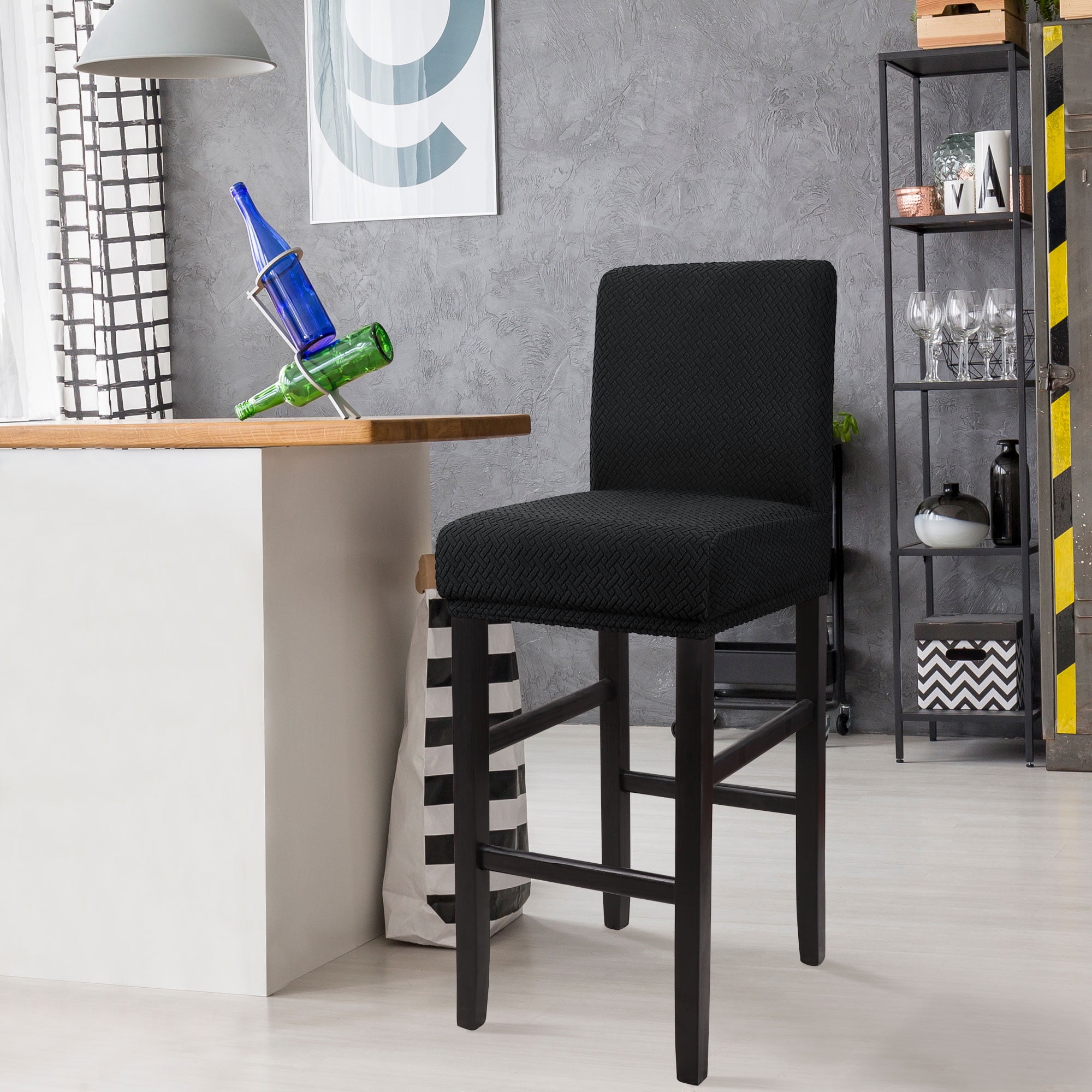 Unique Bargains Bar Stool Covers for Bar Counter Short Back Chair Slipcovers Black 1 Pc