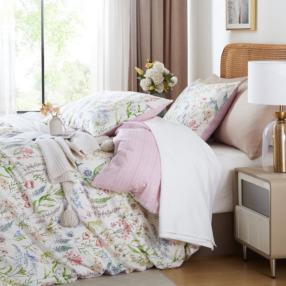 3 Pieces Ultra Soft Pink Flowers Birds Floral Duvet Cover 100% Cotton Bedding Set Comfy Durable Farmhouse Duvet Cover Set Queen Size