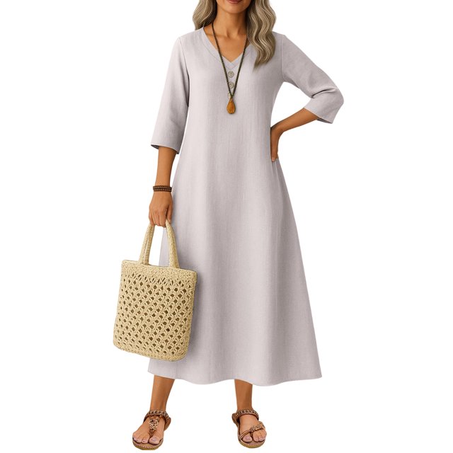 Robe Tailleur pour Femme Robe pour Femmes Longue Robe Bohème de Plage Élégante Robe Maxi Robe à Col en V Robe à Manches 3/4 Rose Pâle L