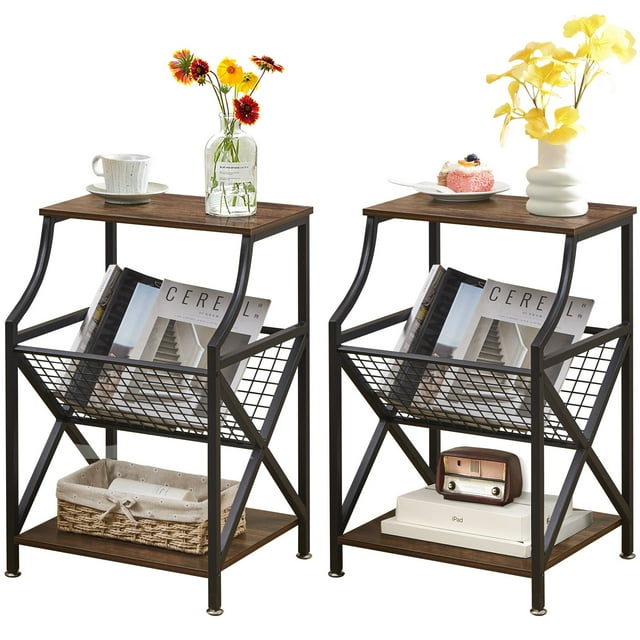 VECELO Set of 2 Side Tables for Living Room, Industrial End Table Bedside with Magazine Rack, Brown