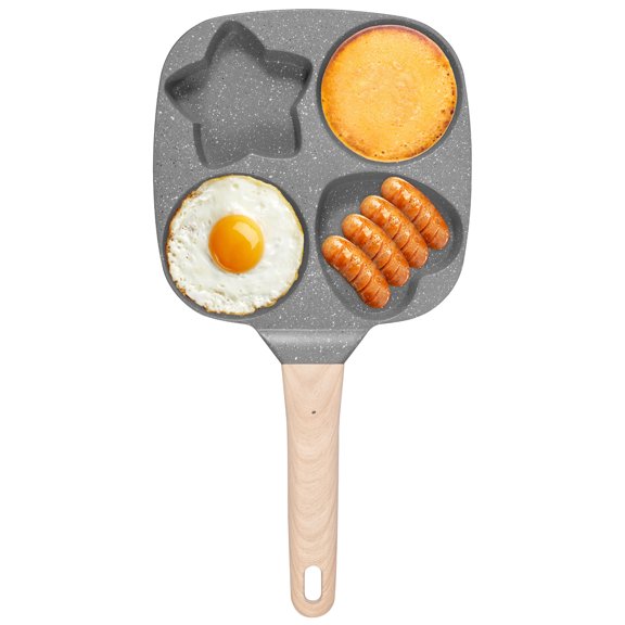 Maifan Stone 4 Hole Pancake Egg Pan for Breakfast Nonstick Breakfast Pan Omelette Maker with Detachable Wood Handle for Family Cooking