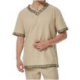 thumbnail image 1 of Camisas de Manga Corta de los Hombres Estilo Étnico Impreso Hendidura Cuello en V, Ligero Top Transpirable para la Primavera Y el Verano, 1 of 5