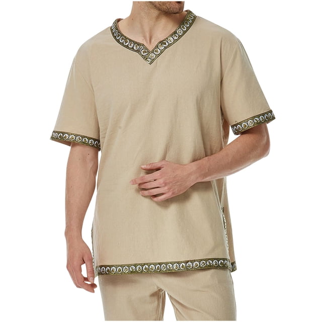Camisas de Manga Corta de los Hombres Estilo Étnico Impreso Hendidura Cuello en V, Ligero Top Transpirable para la Primavera Y el Verano