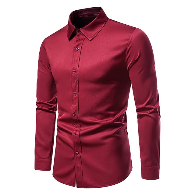 Camisa formal ajustada informal de color sólido con botones a la moda de manga larga para hombre Pompotops oipoqjl26072