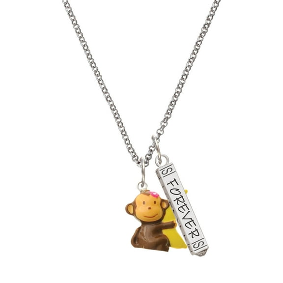 Delight Jewelry Resin Monkey Hugging a Banana Silvertone Forever Bar Charm Necklace, 23"