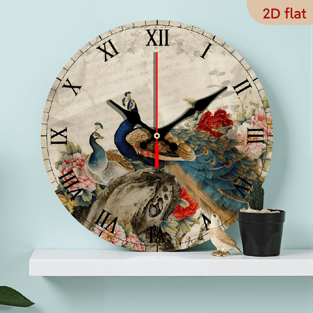 2D Flat 1pc 10Inch Wooden Vintage Romantic Peacock Wall Clock Asian Peacock Birds Animals Flowers Round Decorative Clocks Battery Operated Silent Analog Clock Wall Hanging Art Farmhouse Home Decor