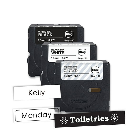 Brother Genuine P-touch BTAG3M01, 3-Pack Label Tape, White on Clear, Black on White, White on Black Label Tape, ~1/2in by 13.1ft (12mm x 4m) for Ptouch Label Makers