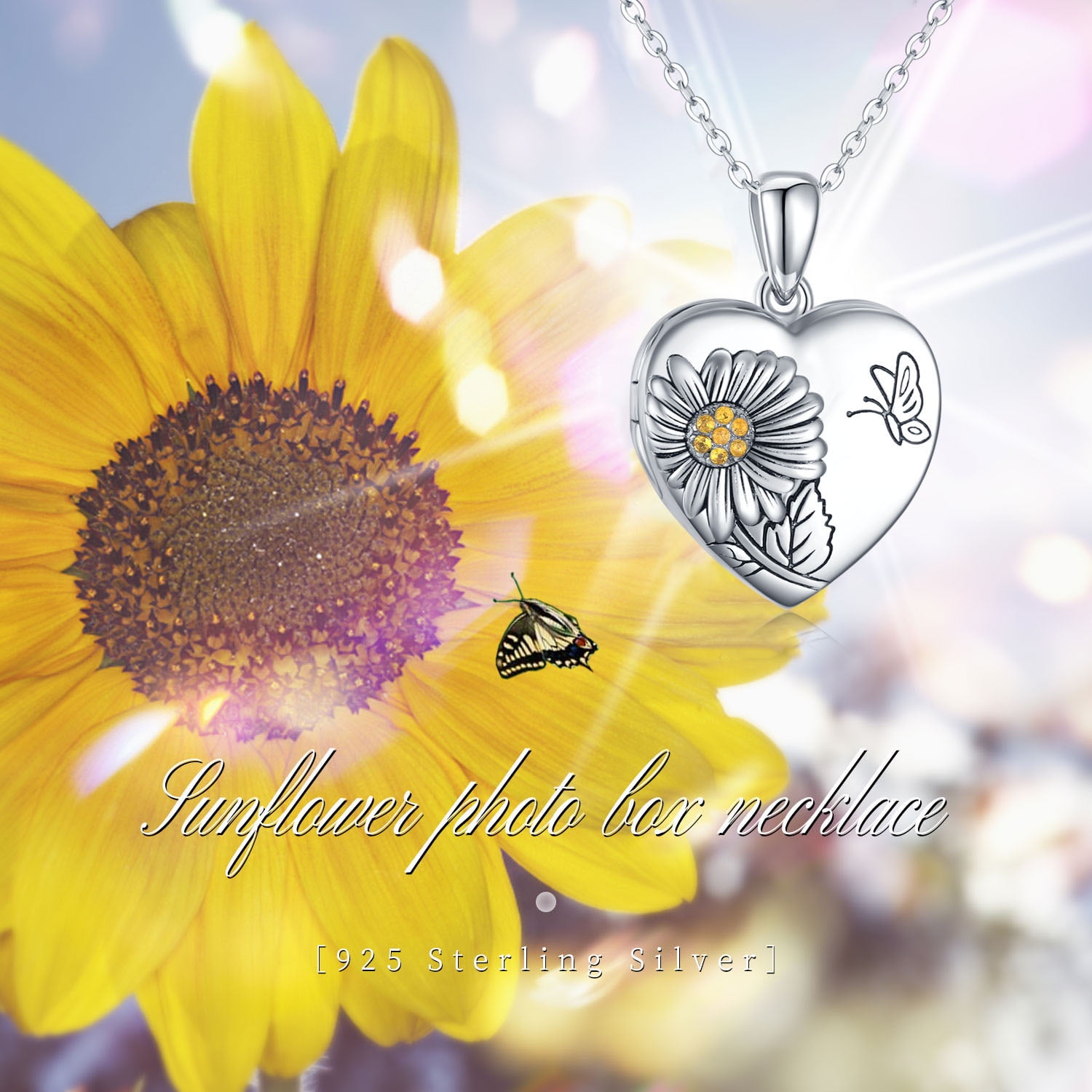 Coachuhhar Heart Sunflower Locket Necklace 925 Sterling Silver Sunflower Butterfly Locket Necklace That Hold 2 Photos Locket Jewelry Gift for Women