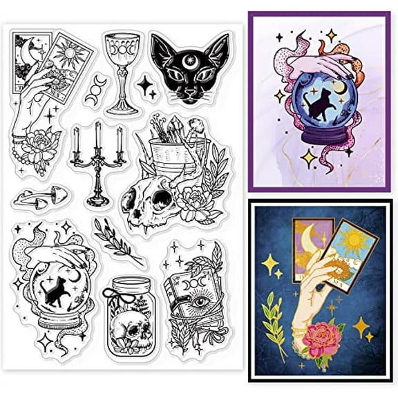 Witchcraft Magical Clear Stamps for DIY Scrapbooking Journals Decorative Cards Making Magic Ball Kitten Fantasy Silicone Clear Stamp Seals for Halloween Witch's Day
